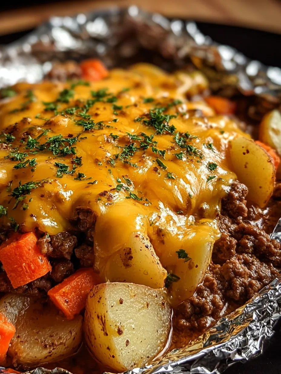 Up-close look at beef and veggies topped with gooey cheese.