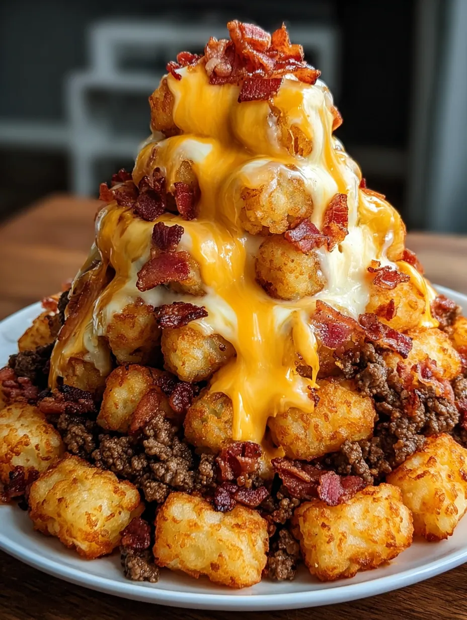 A plate stacked with tater tot cones, cheese oozing from crispy tops, pieces of bacon peeking out.