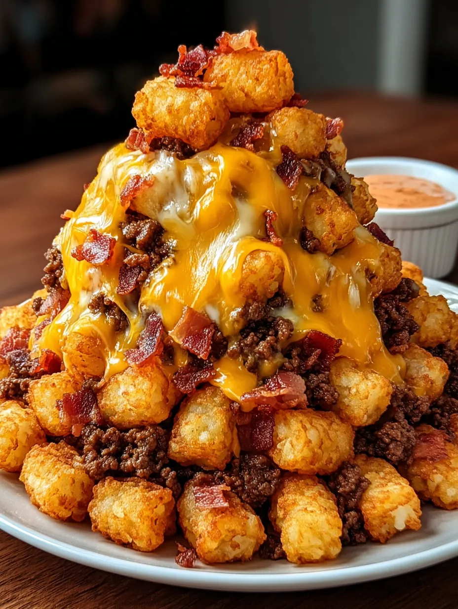 A plate showing a cheeseburger-style tater tot cone with golden bacon and melting cheese.
