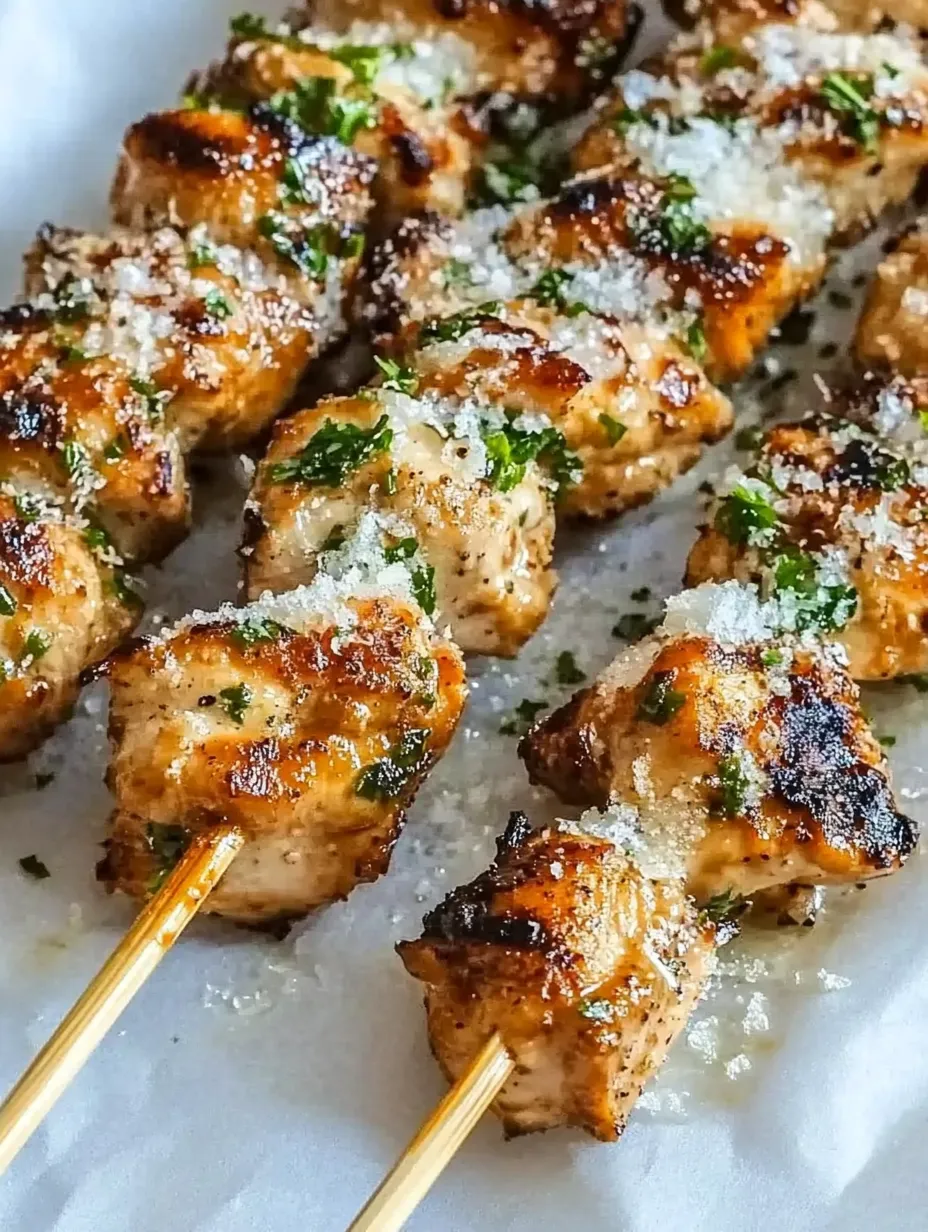 A plate of chicken skewers with parsley and garlic.