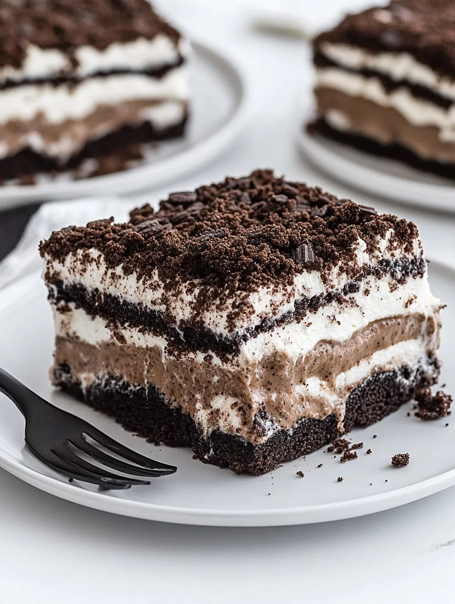A piece of chocolate dessert with layers on a plate.
