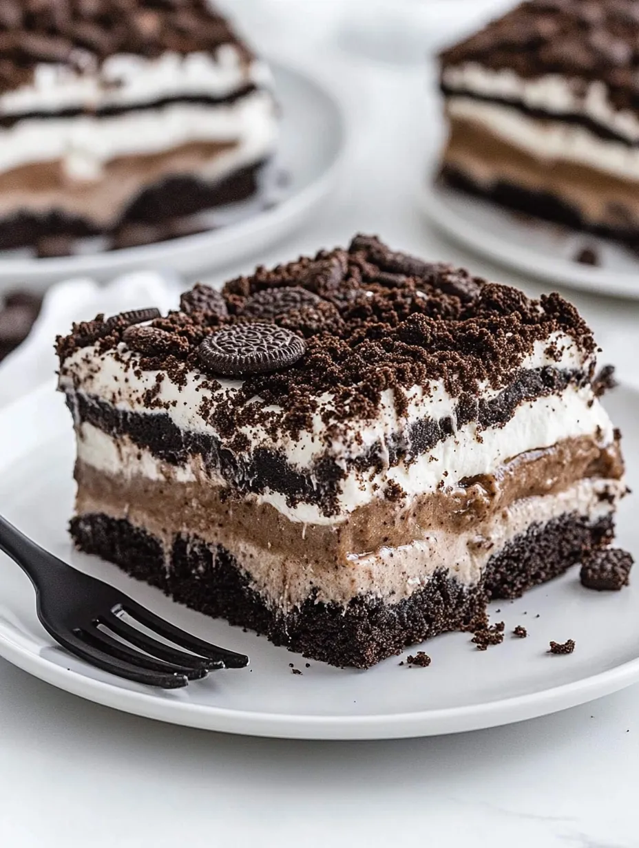 Layered chocolate treat topped with Oreo cookies on a plate.