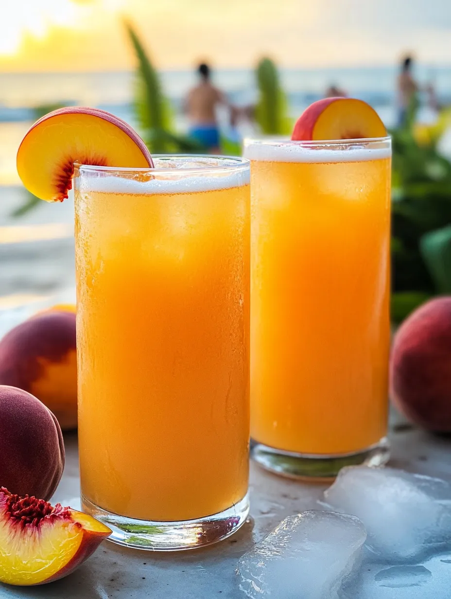 Two glasses of peach juice on a table.