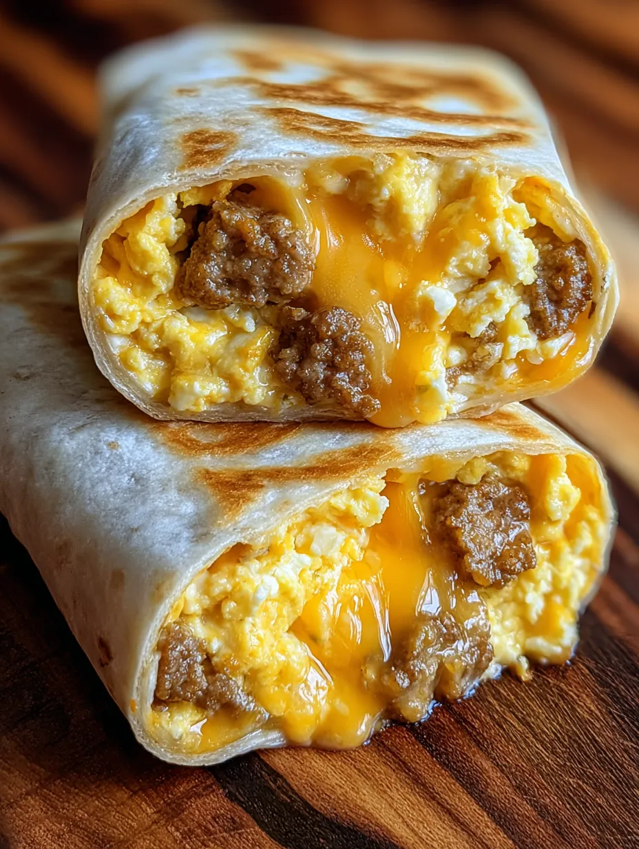 A breakfast burrito loaded with eggs, sausage, and melted cheese.