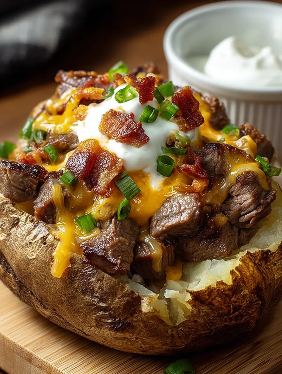 Baked potato smothered in bacon and cheese close view.