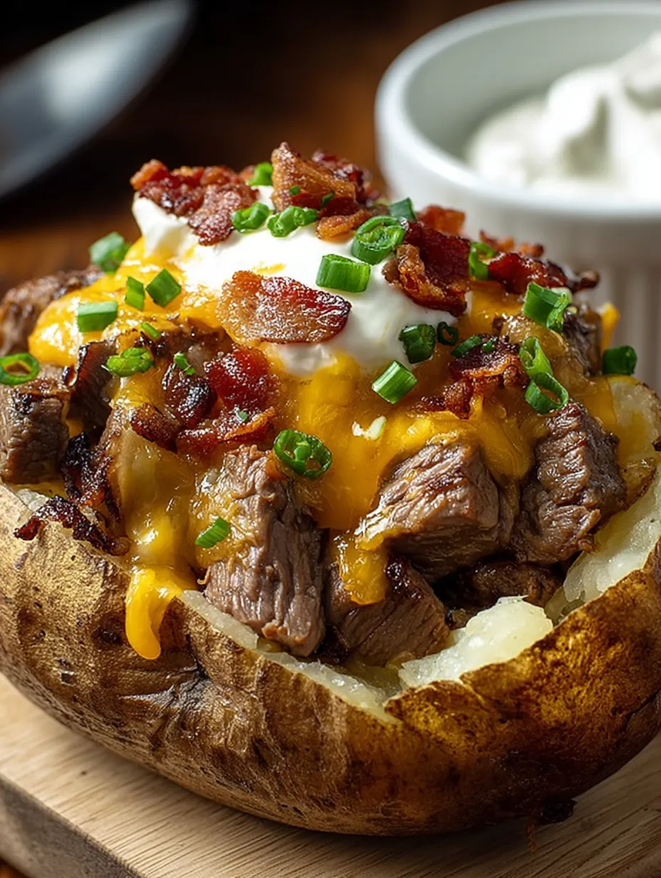 Oven-roasted potato filled with steak wrapped in bacon in close up.