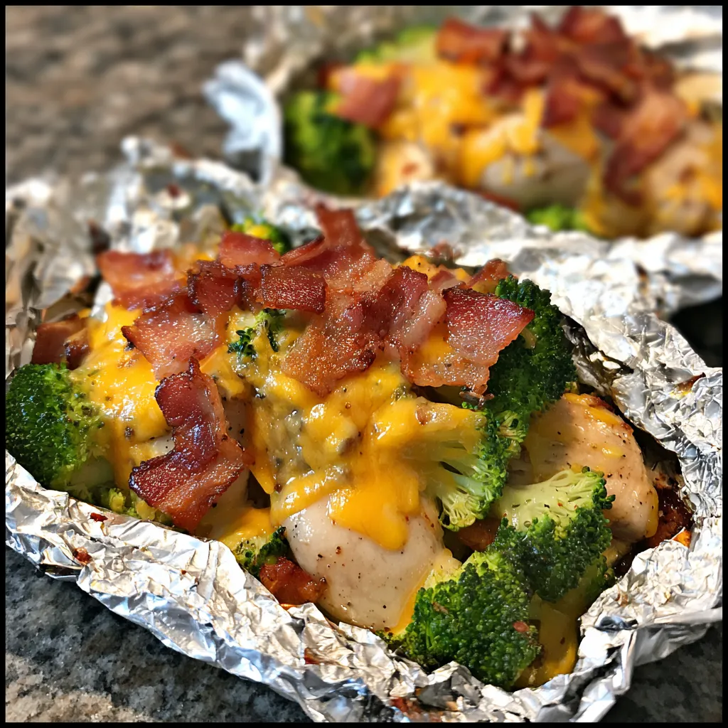 Foil packet meal packed with bacon and green veggies.