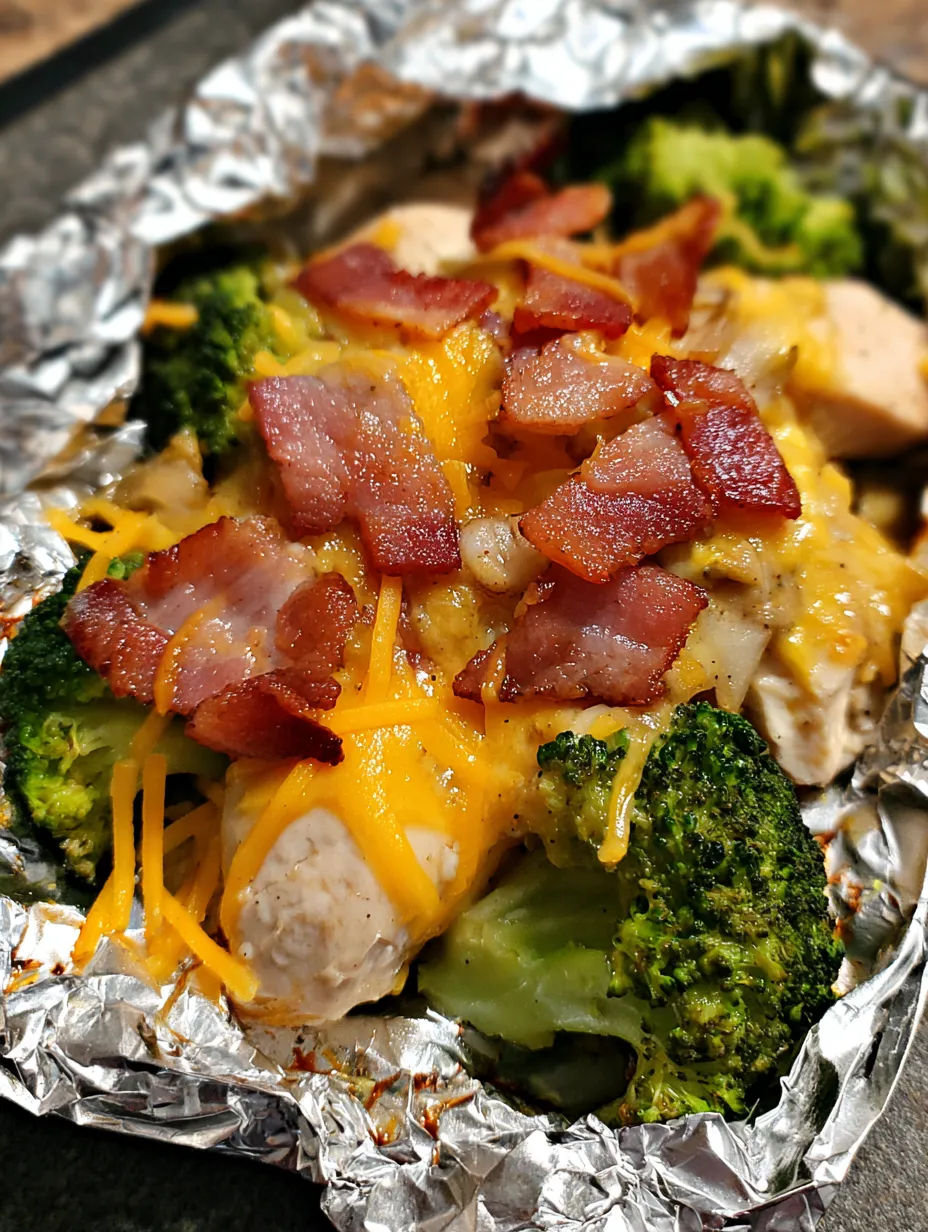 Bacon and broccoli sitting on foil, all ready to cook.