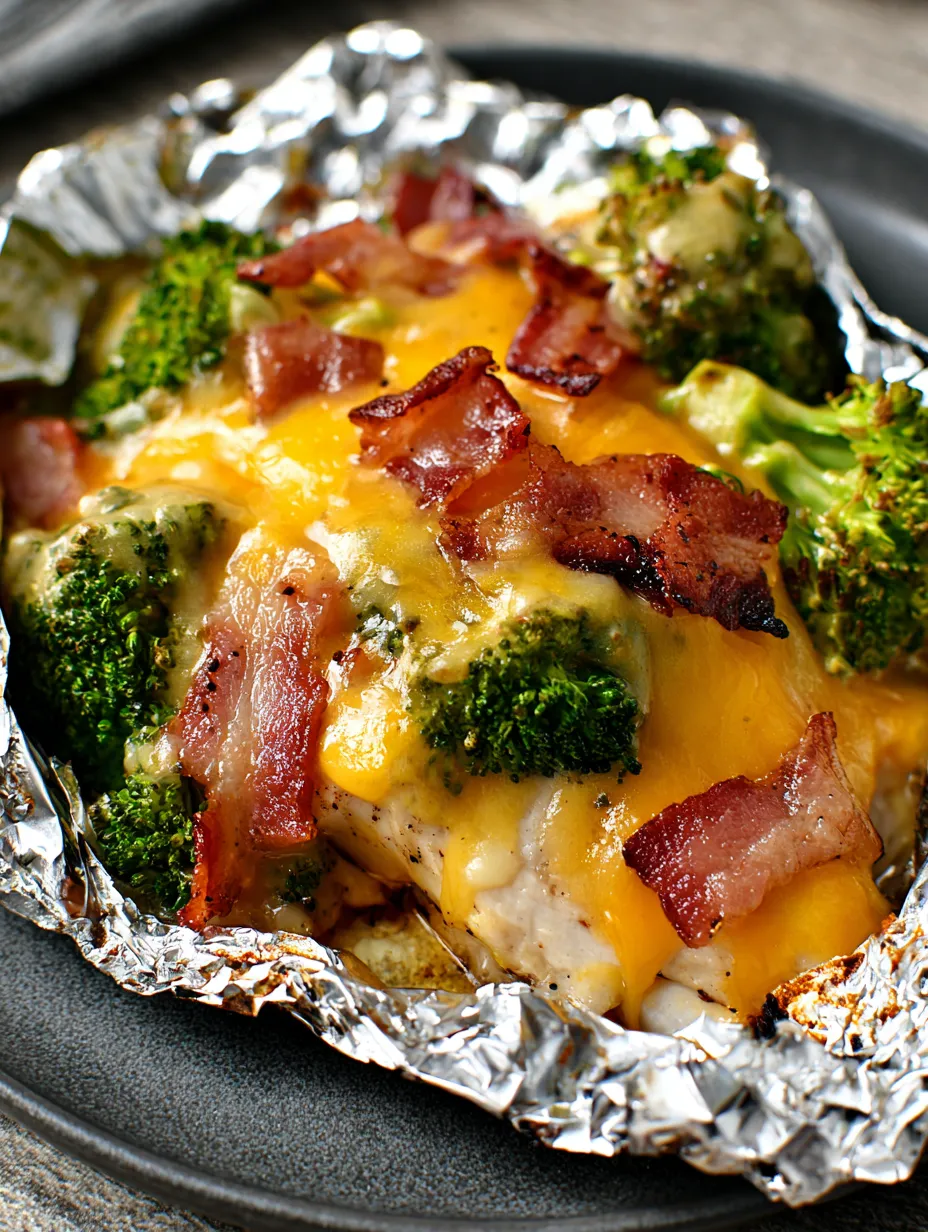 Dish wrapped in foil featuring bacon and broccoli.