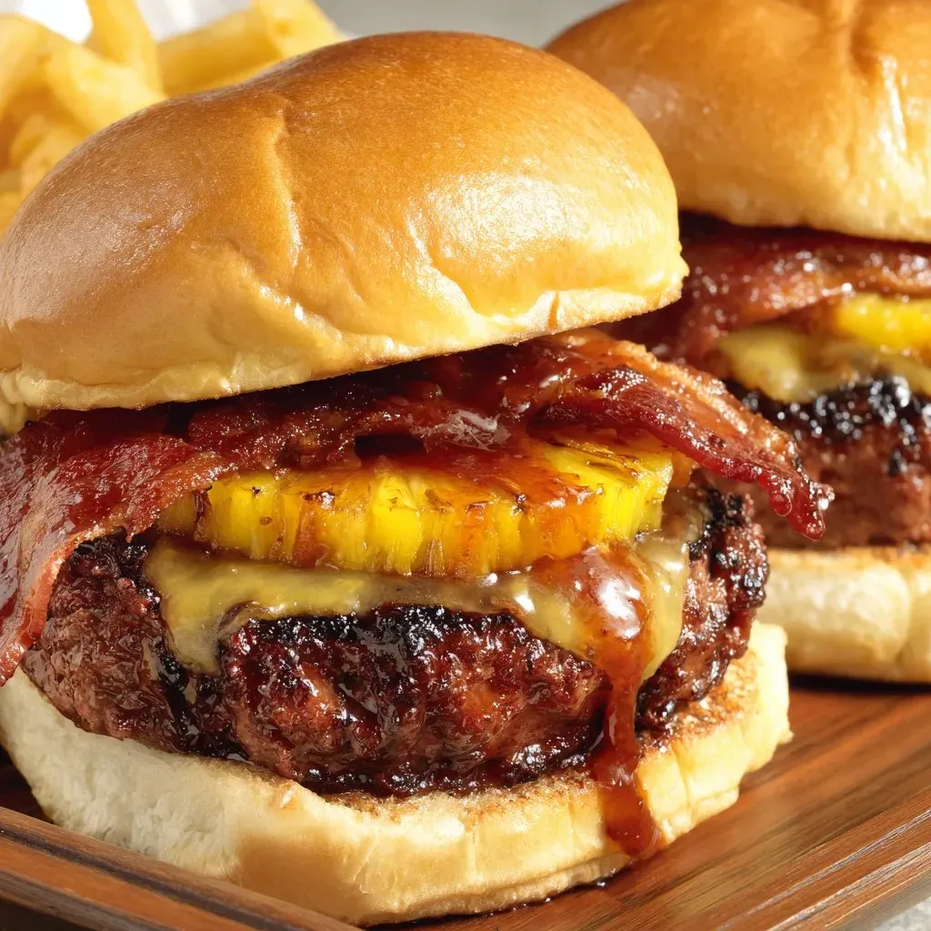 Two burgers stacked high with bacon and pineapple.