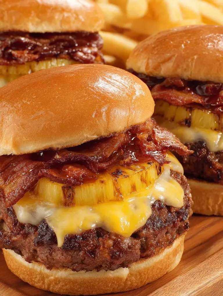 Two burgers with bacon and pineapple stacked high.