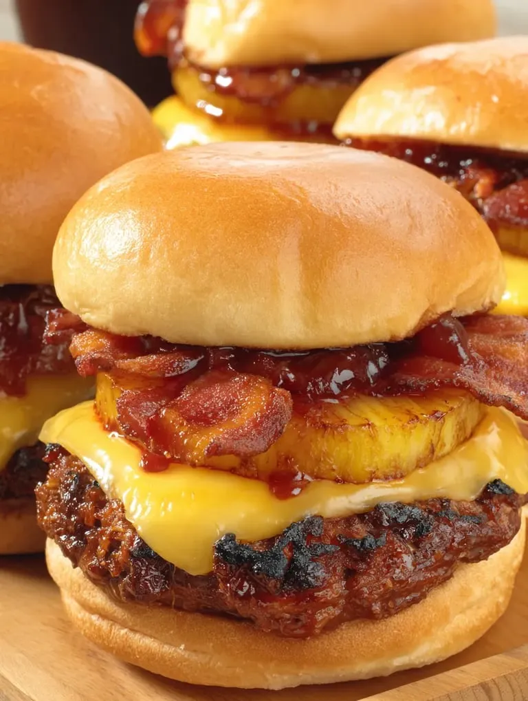 Super close photo of a burger layered with bacon and pineapple.