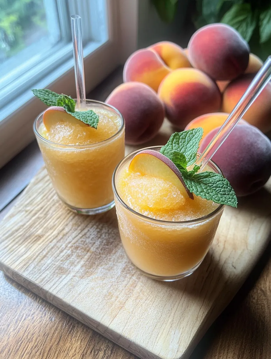 Two glasses of peach drink with mint on a rustic wood table.