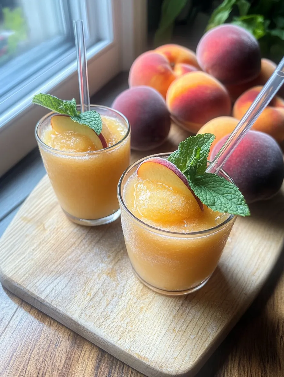 Chilled peach drinks in glasses topped with fresh mint.