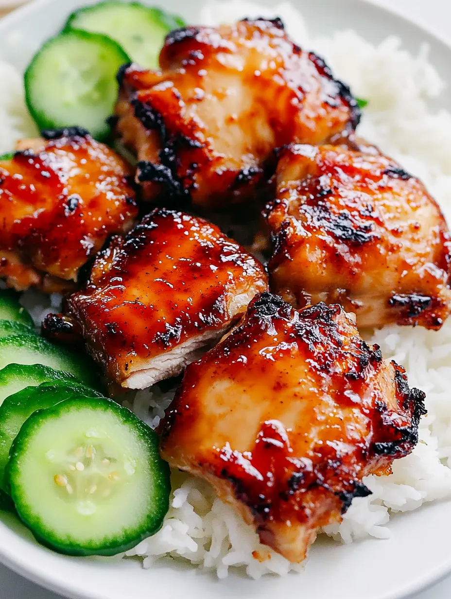 A plate with juicy grilled chicken, rice, and sliced cucumbers on the side.