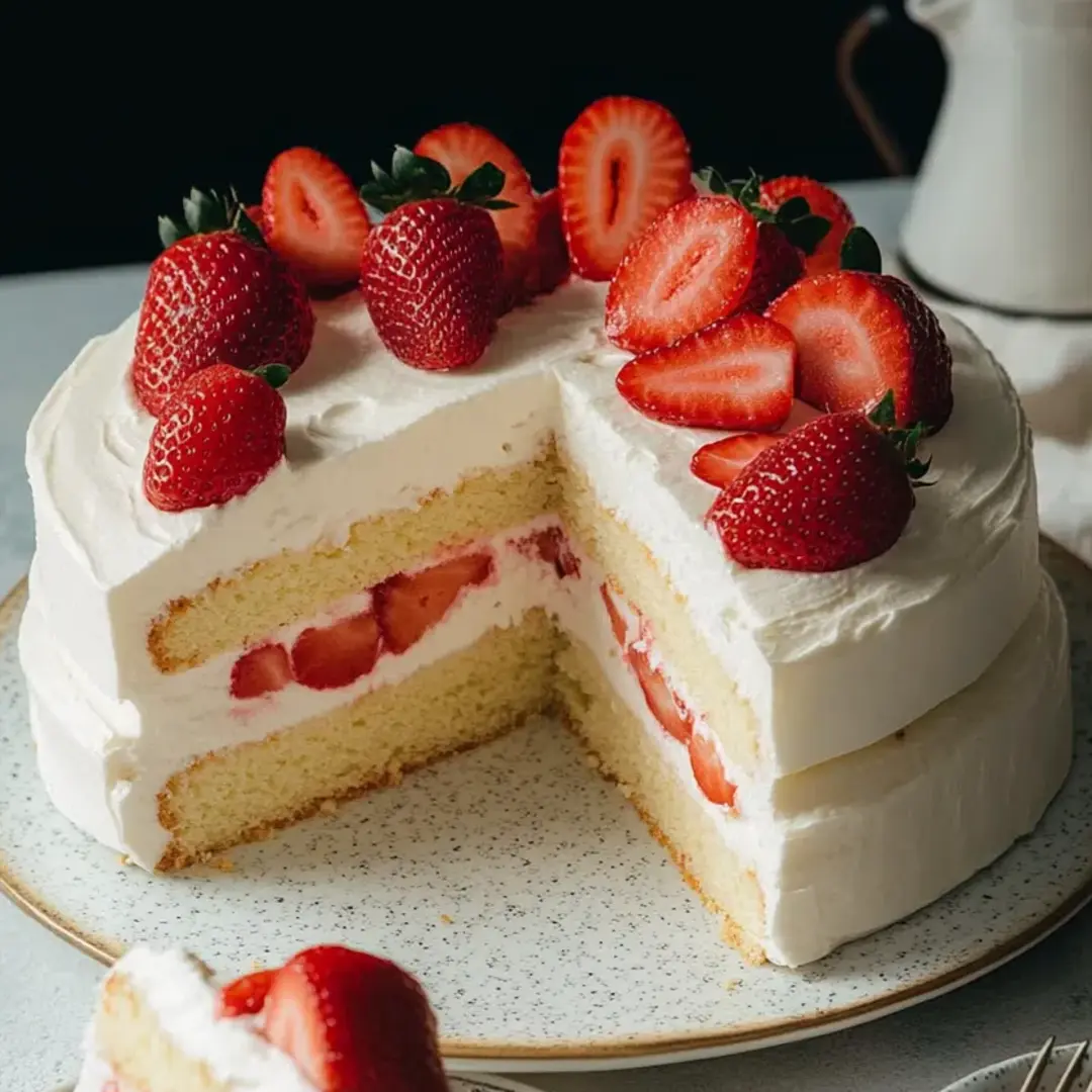 A slice piled with strawberries sitting on soft cake.