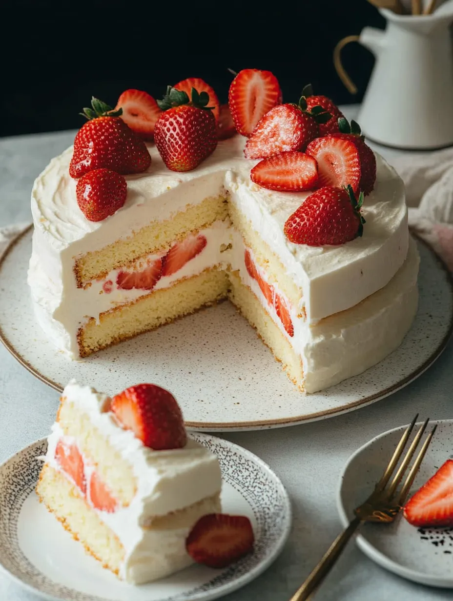 Slice of cake topped with strawberries, ready to eat.