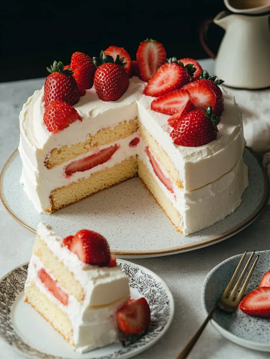Strawberry shortcake slice on a dessert plate.