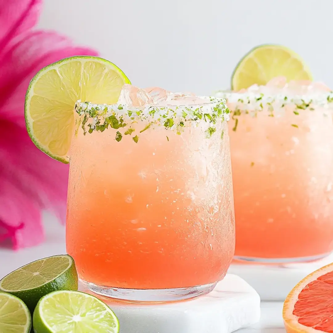 Two glasses with pink drinks and limes on the side.