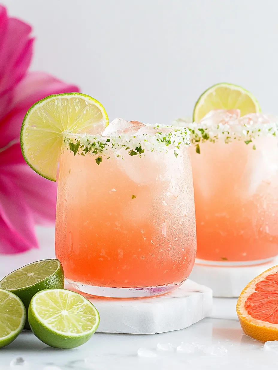 Two glasses of pink drink with limes on the side.