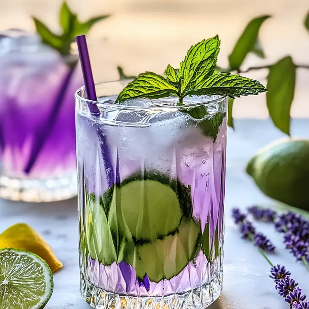 A glass of purple drink with a cucumber garnish.