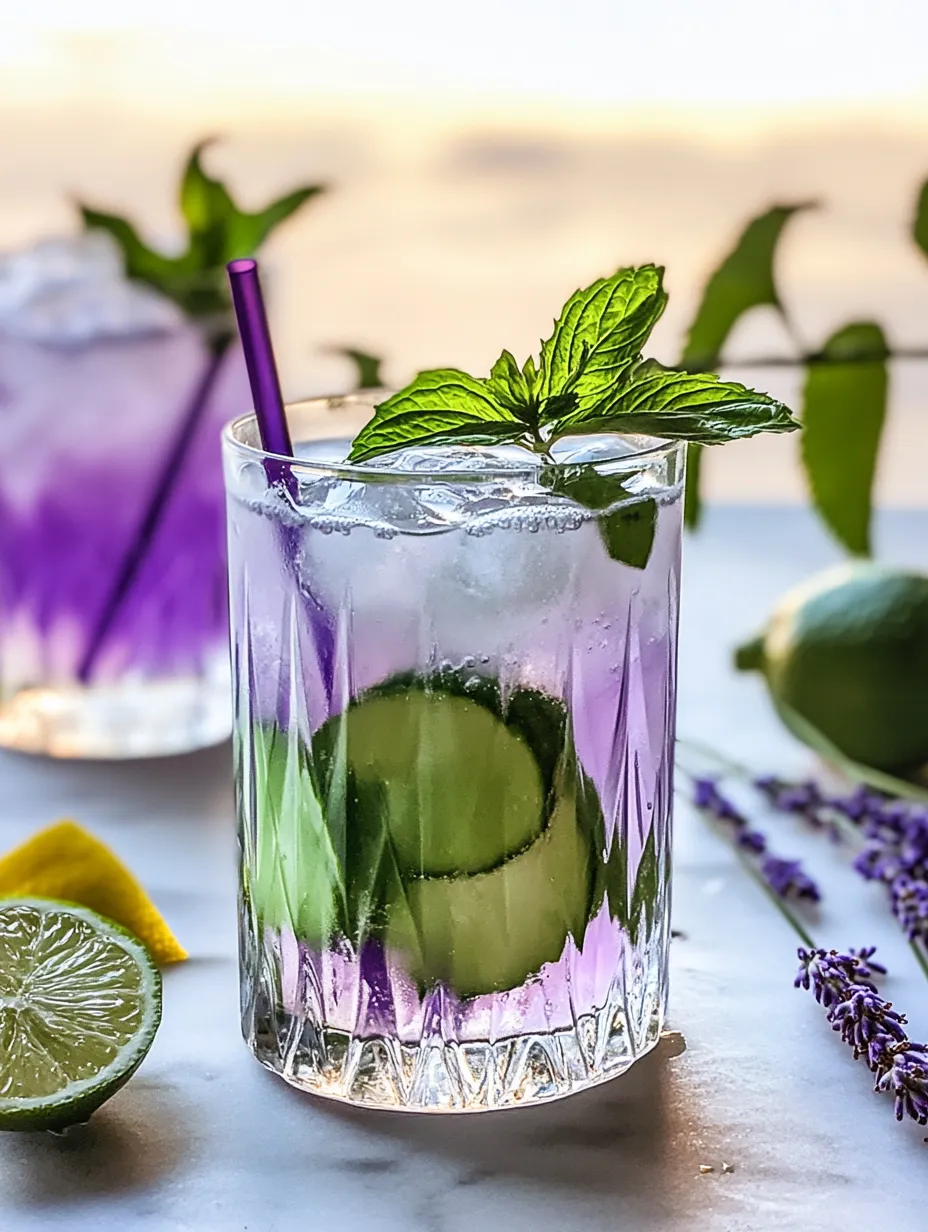 A purple, minty drink in a glass.
