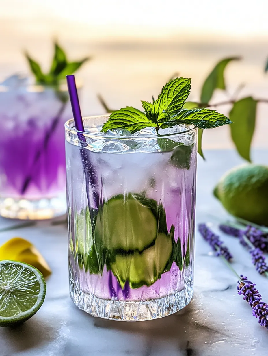 A purple, minty drink in a glass.