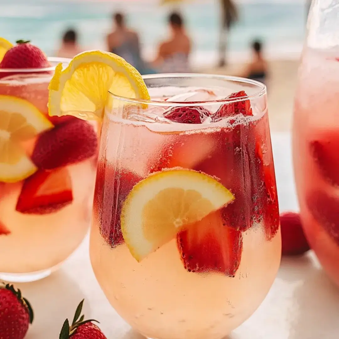 Two glasses of pink lemonade loaded with strawberries.
