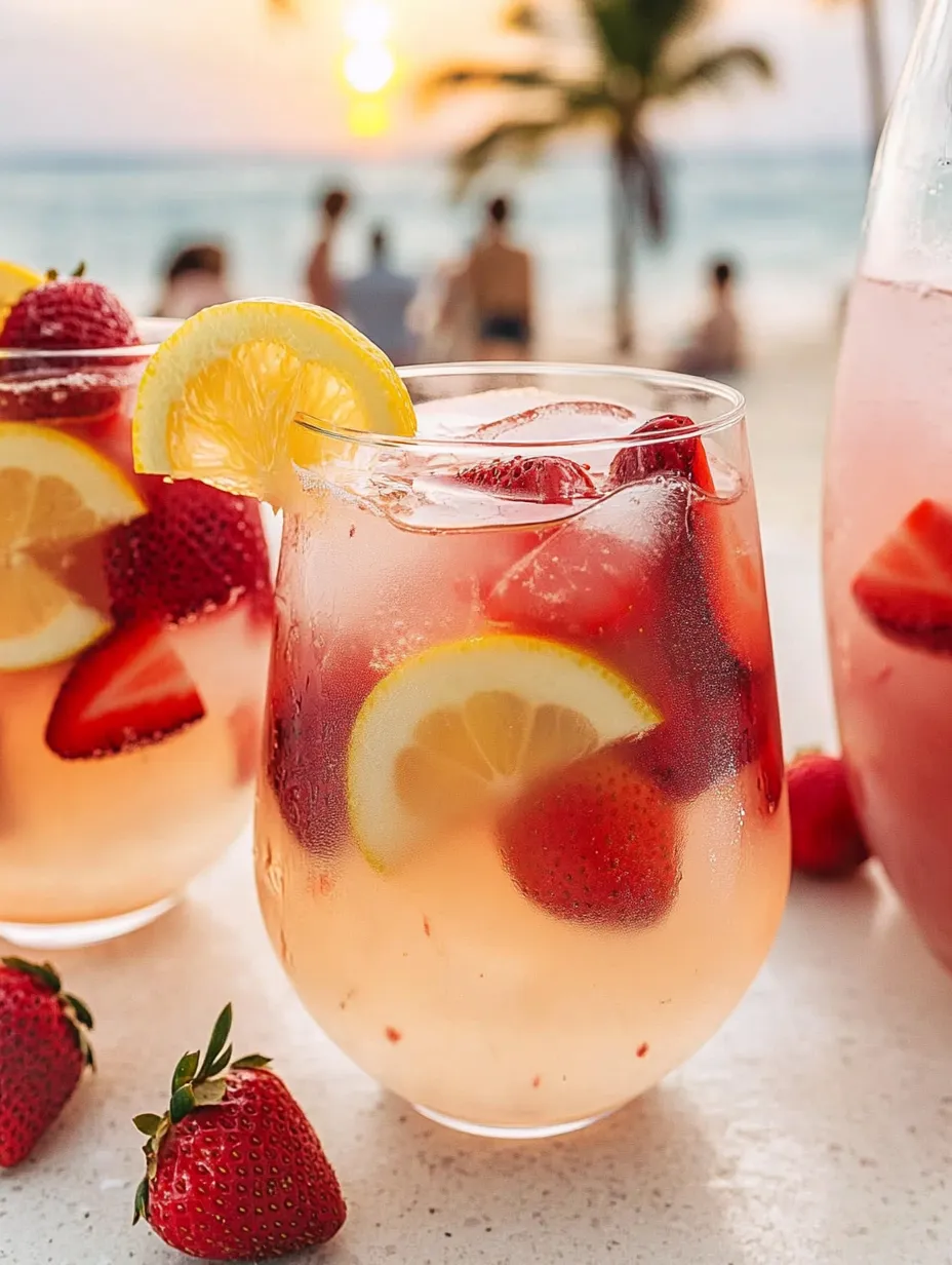 Three glasses of pink drink with strawberries and lemon.
