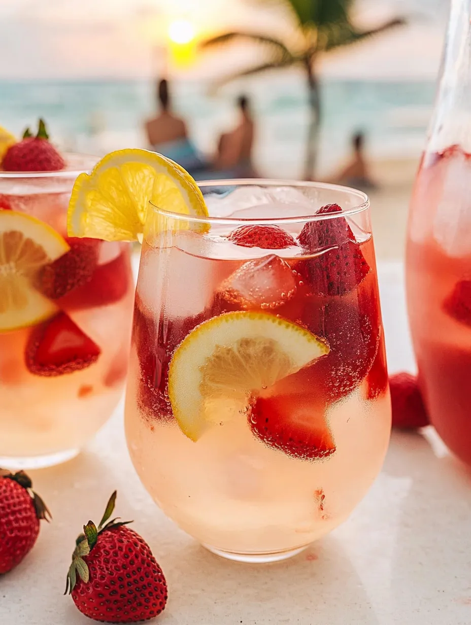 Two glasses of pink drink with strawberries and lemon slices.