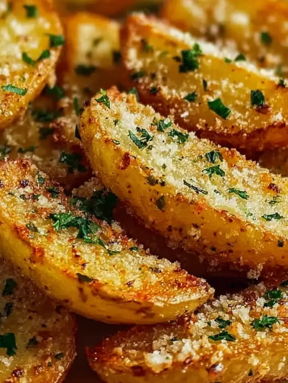 A close look at a potato wedge topped with bright parsley.