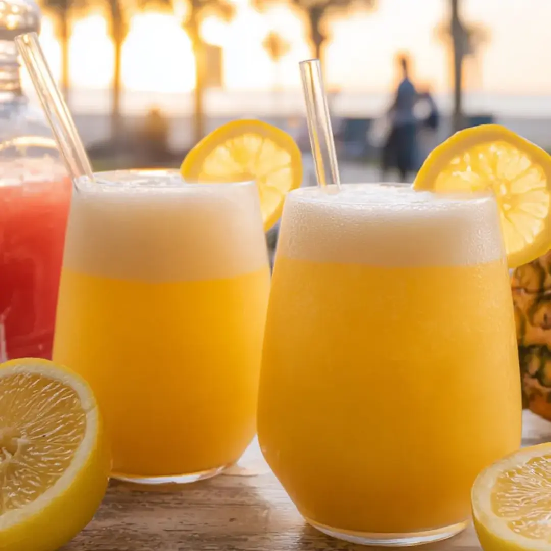 Three lemonade-filled glasses sitting on a table.