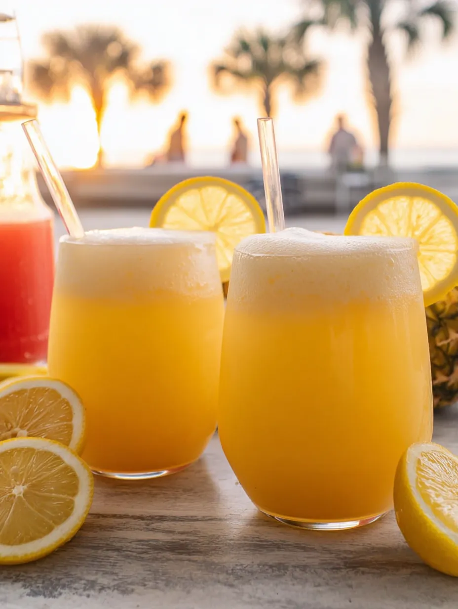 Two glasses of lemonade sit on a table.