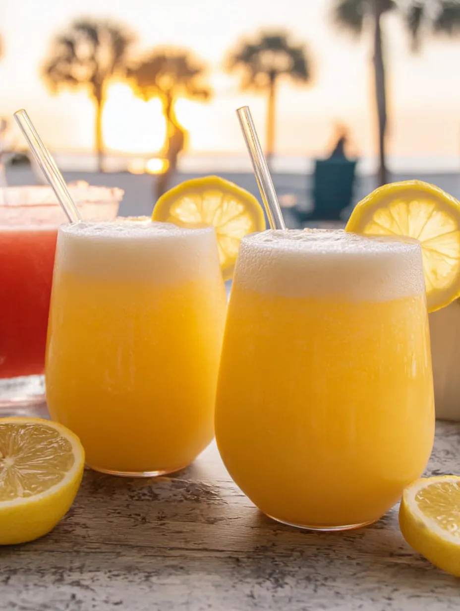 Three glasses of lemonade waiting on a table.