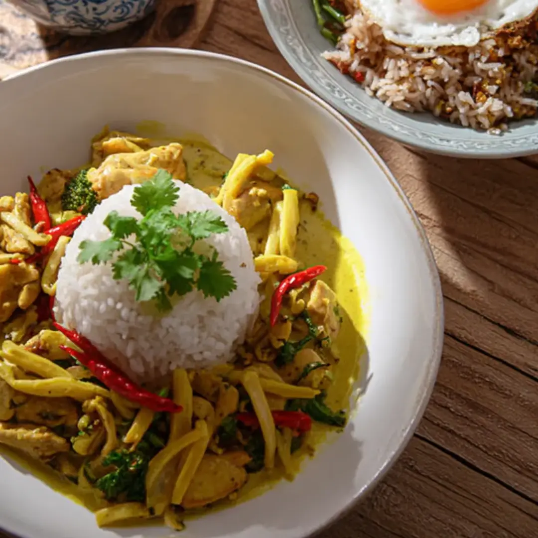 Rice and chicken in a bowl with fresh greens.