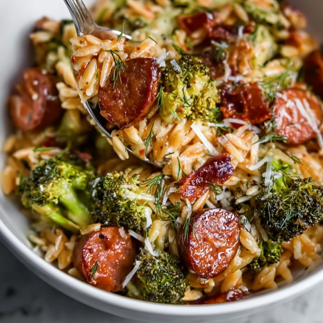 Big bowl filled with orzo, broccoli, and sausage.