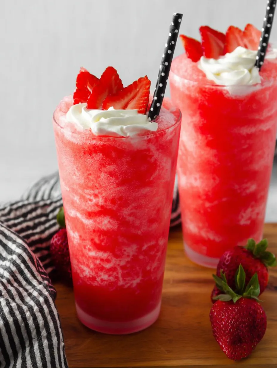 Two glasses filled with bright red strawberry fizzy milkshakes.