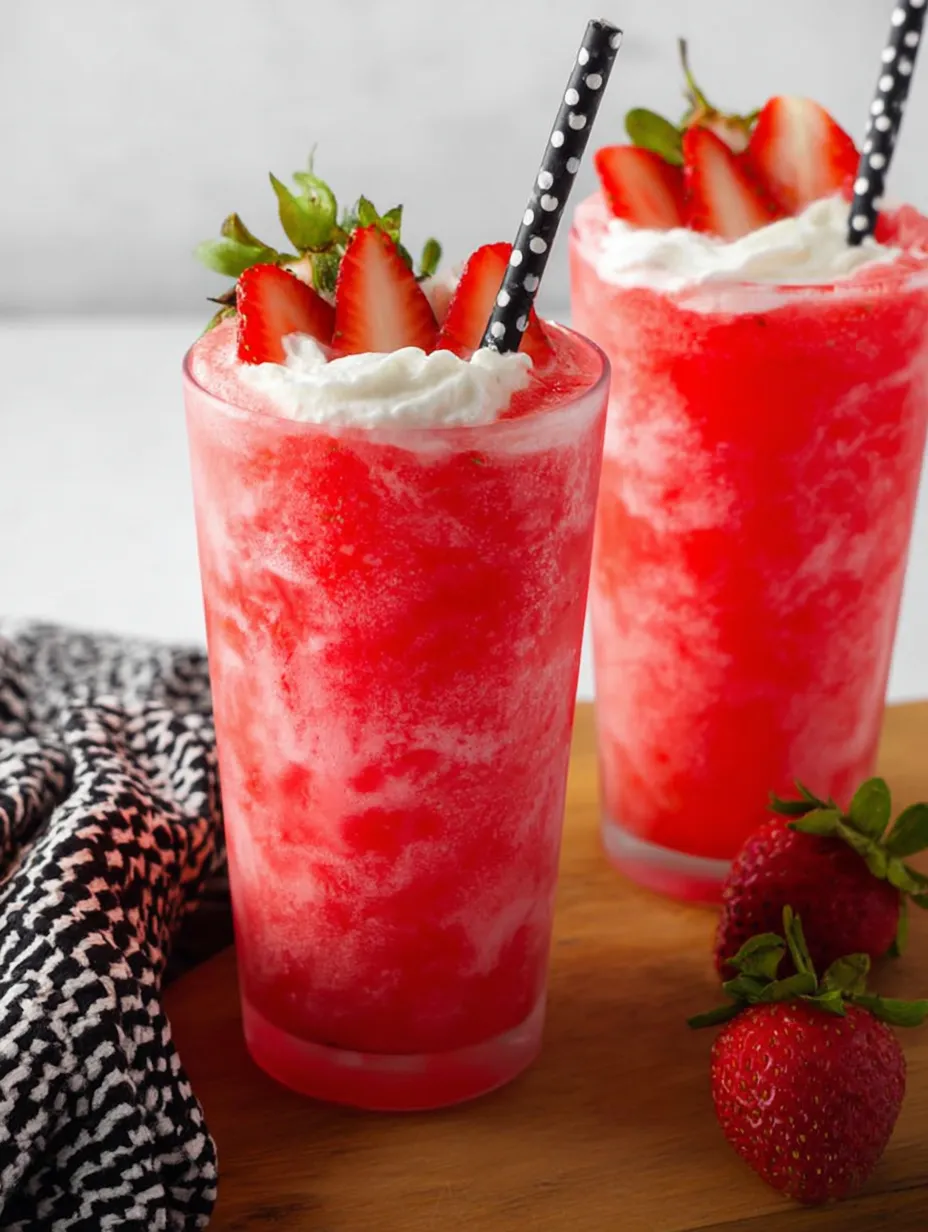 Two glasses filled with bright red strawberry fizzy milkshakes.