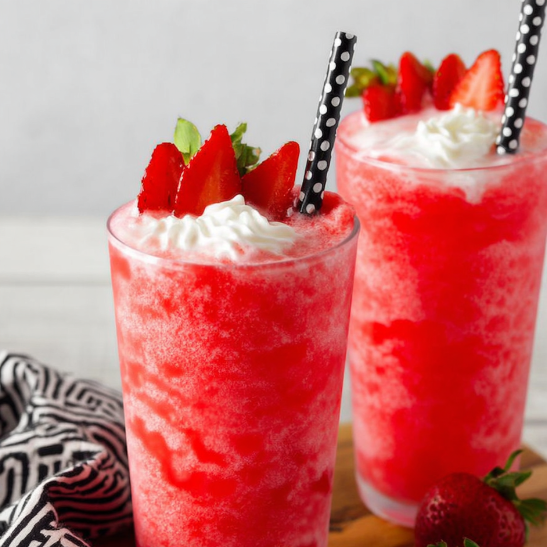 Two chilled glasses filled with red strawberry and creamy white swirls.