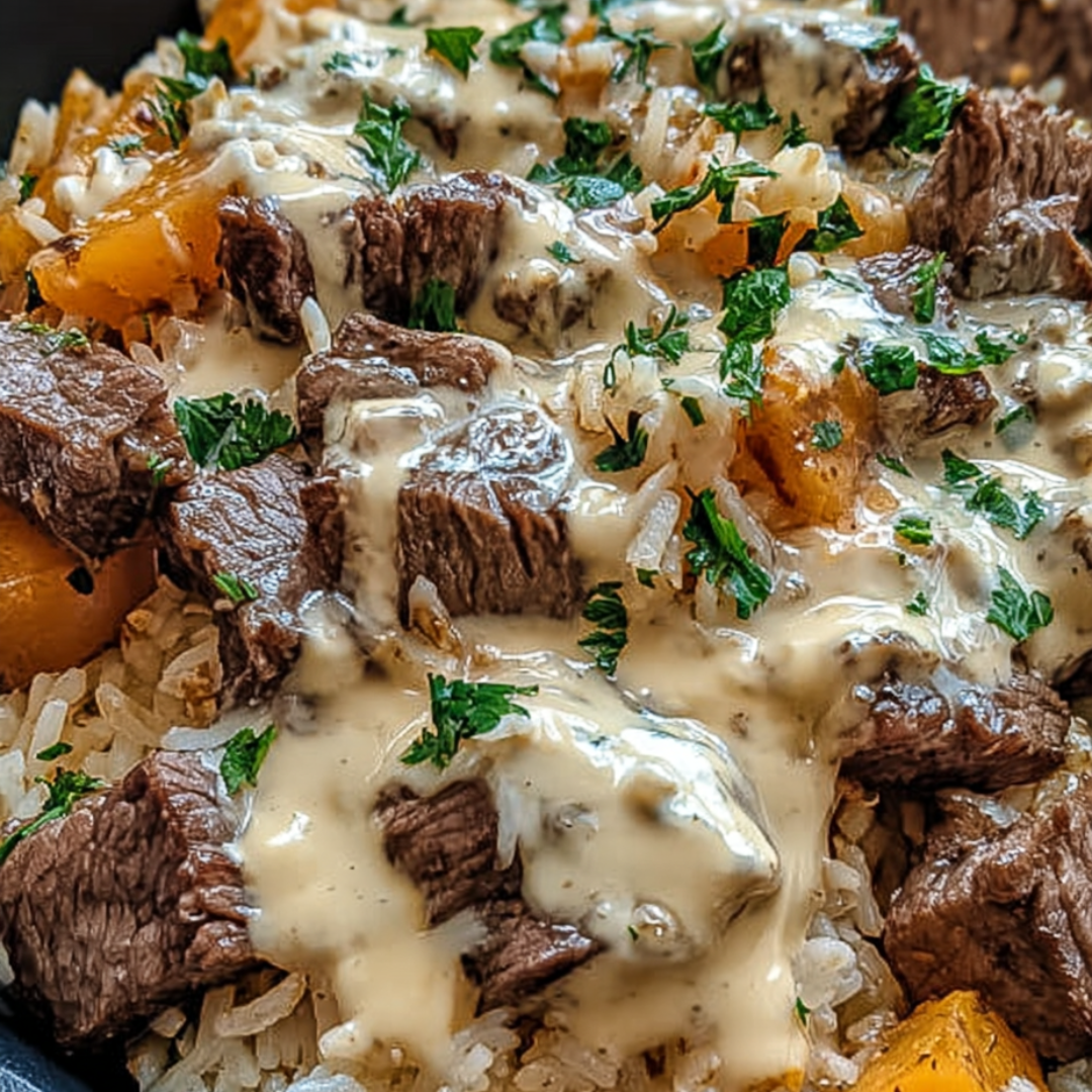 Pile of rice and steak on a plate, ready to dig in.