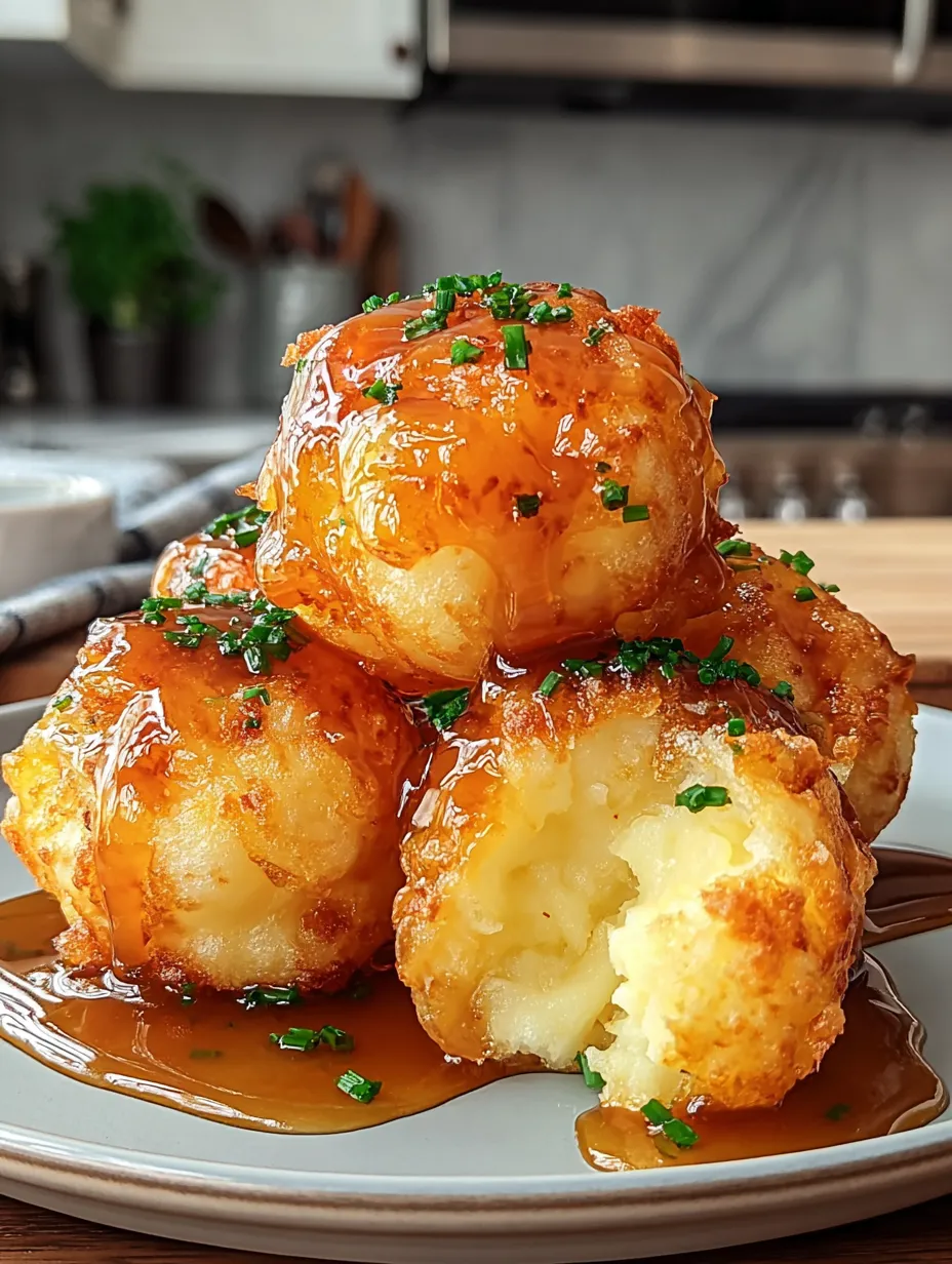 Three golden brown potatoes topped with melted cheese stacked together.