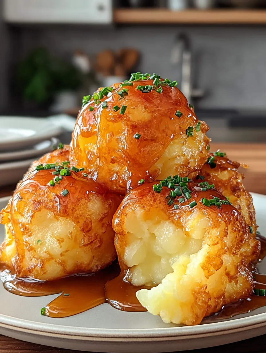 Three crispy fried potato bites stacked with a dip on the side.