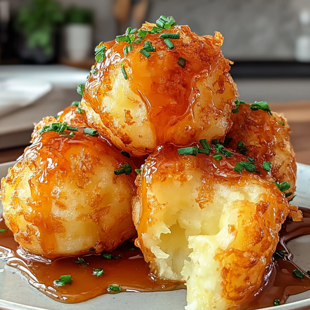 A plate full of crunchy golden puffs with dipping sauce on the side.