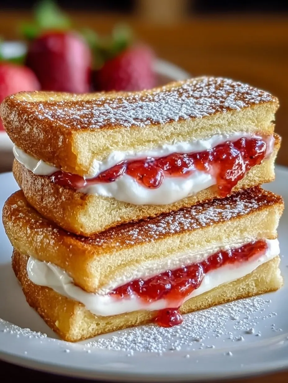 Three tall sandwiches showing white creamy filling and strawberry jam inside.
