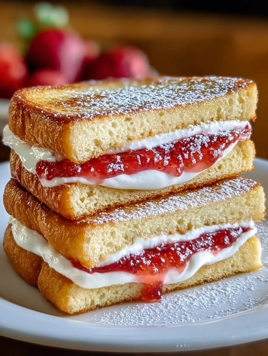A stack of sandwiches with a creamy inside and strawberry jam peeking out.