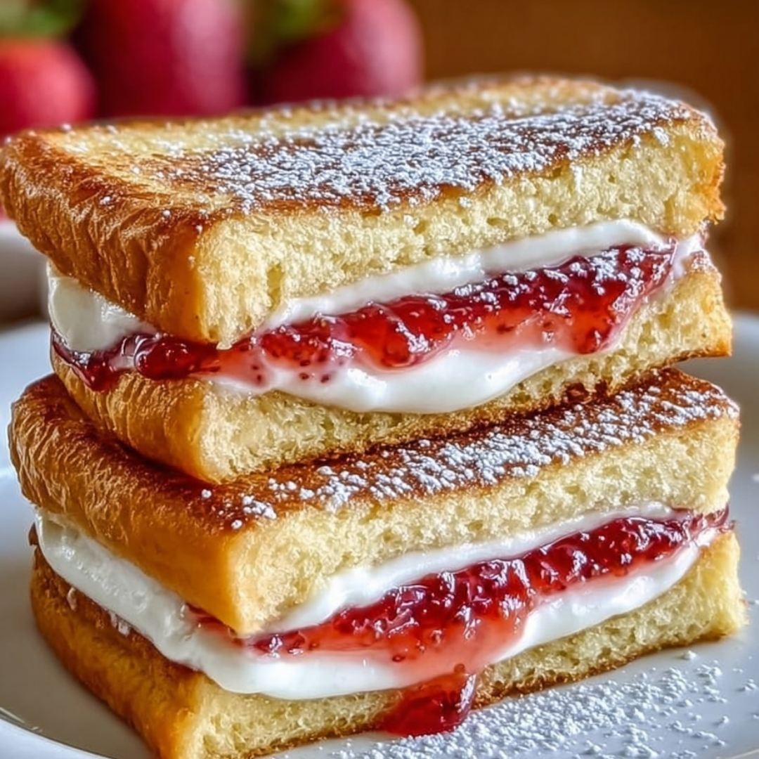 Three stacked sandwiches with white icing and bright red jam inside.