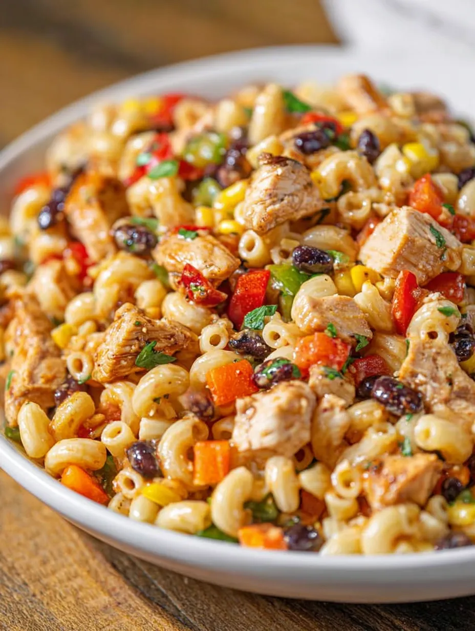 A bowl full of pasta, mixed meat, and crisp vegetables.