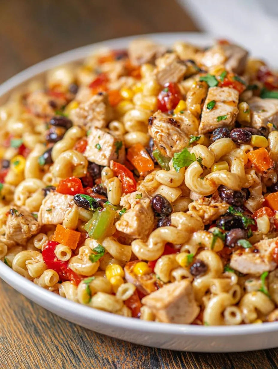 A bowl of pasta mixed with chicken and veggies.