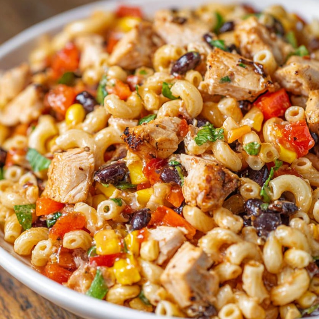 Pasta, tender chicken, and veggies in a bowl.