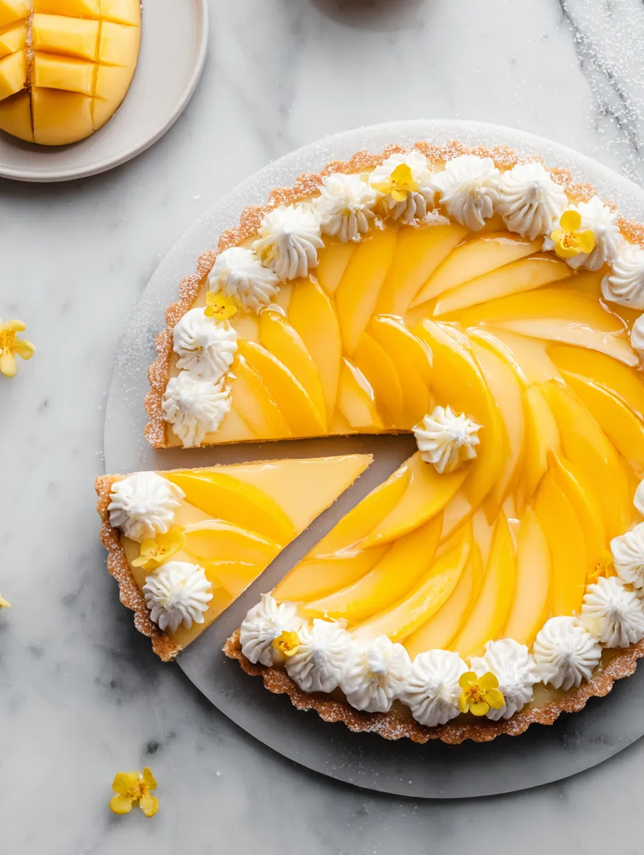 A slice of pie showing golden mango filling.